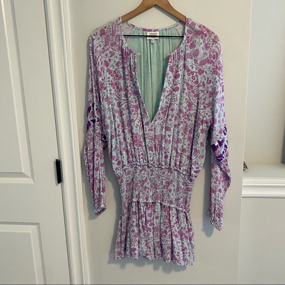 Hemant & Nandita Blue Purple Floral Sequin Smocked Long Sleeve Mini Dress XS - Picture 16 of 16